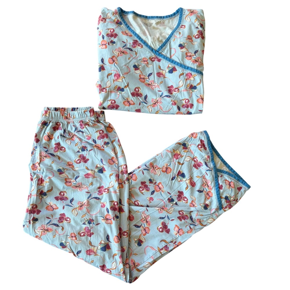 Garnet Hill 100% Organic Cotton Floral Pajama Set Size Large Lounge Two Piece